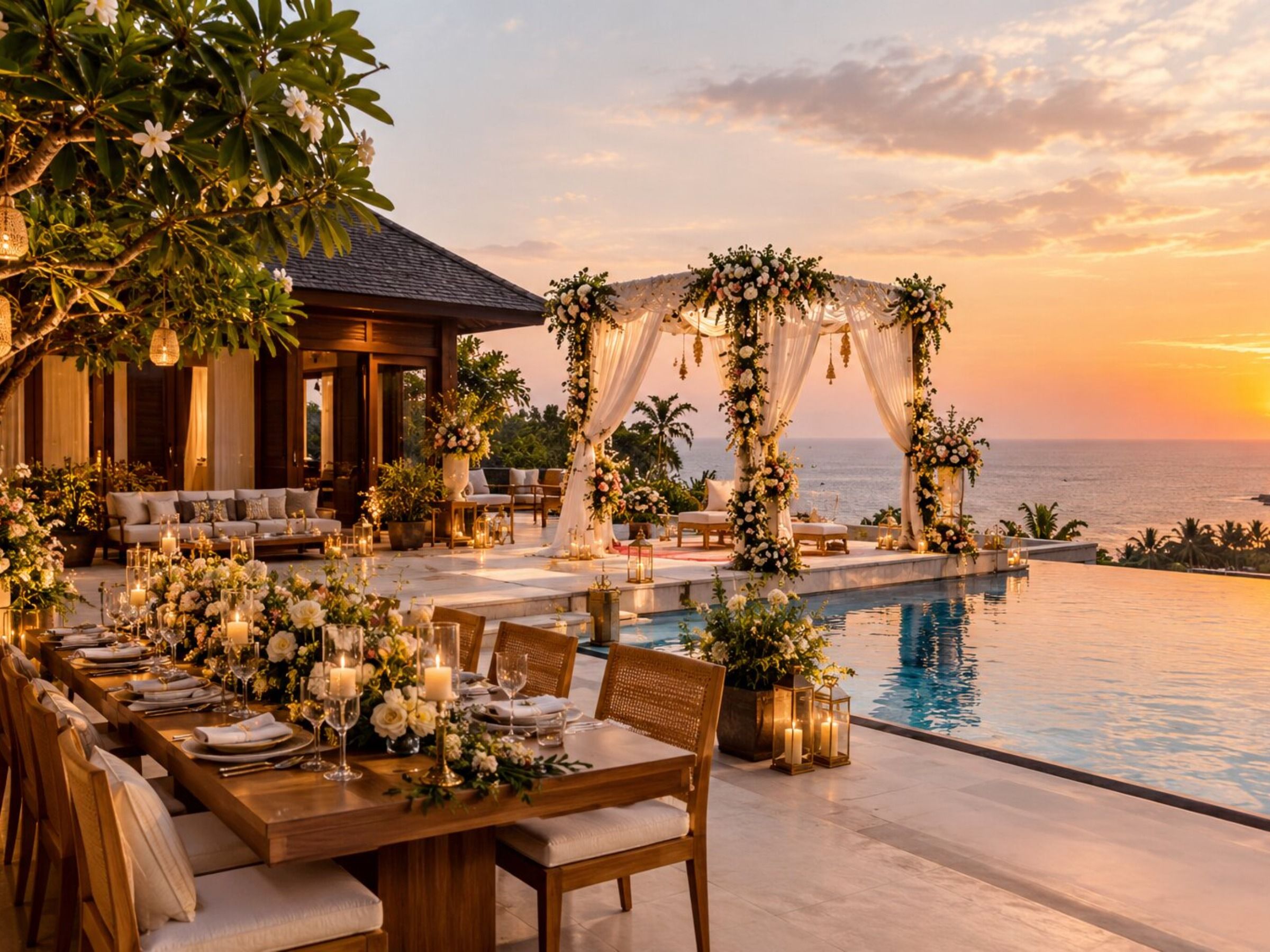 A villa lawn set with rows of chairs for a wedding ceremony, golden hour